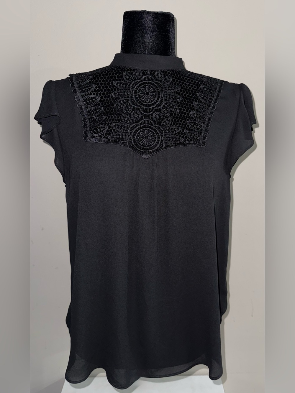 Express Black Mock Neck Blouse Lace Crochet Yoke Flutter Sleeve NWT Medium M